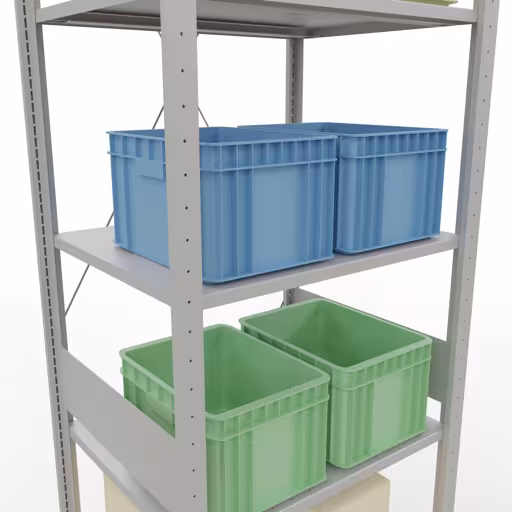 Andere Ansicht des Artikels Grundregal, Fachbodenregal Stecksystem MULTIplus150, 3000 x 750 x 600 mm (HxBxT), 7 Fachböden, Kreuzstrebe, RAL 7035 lichtgrau aus der Kategorie Stecksystem