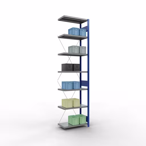 Weitere Ansicht des Artikels Anbauregal, Fachbodenregal Stecksystem MULTIplus250, 3000 x 750 x 400 mm (HxBxT), 7 Fachböden, Kreuzstrebe, RAL 5010 enzianblau/verzinkt/verzinkt aus der Kategorie Stecksystem