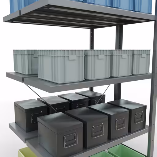 Zusatzbild des Artikels Anbauregal, Doppelregal, Fachbodenregal Stecksystem MULTIplus250, 2000 x 1000 x (2x400) mm (HxBxT), 2x5 Fachböden, Kreuzstrebe, verzinkt aus Doppelregale
