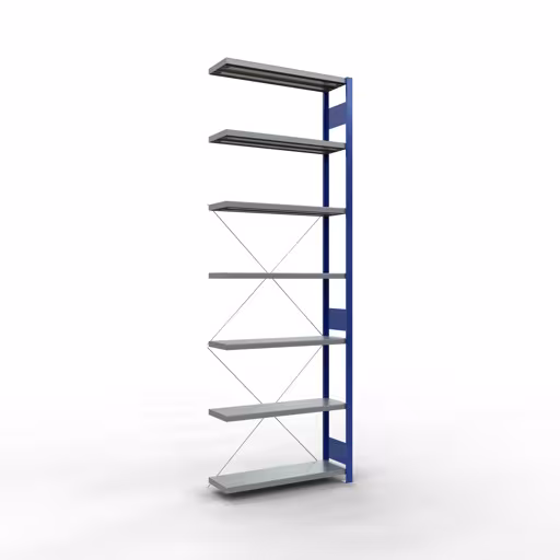 Anbauregal, Fachbodenregal Stecksystem MULTIplus250, 3000 x 1000 x 300 mm (HxBxT), 7 Fachböden, Kreuzstrebe, RAL 5010 enzianblau/verzinkt aus der Kategorie Anbauregal mit der Artikelnummer 12937-B