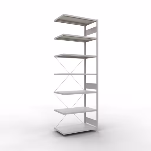 Anbauregal, Fachbodenregal Stecksystem MULTIplus330, 3000 x 1000 x 600 mm (HxBxT), 7 Fachböden, Kreuzstrebe, RAL 7035 lichtgrau aus der Kategorie Anbauregal mit der Artikelnummer 33867