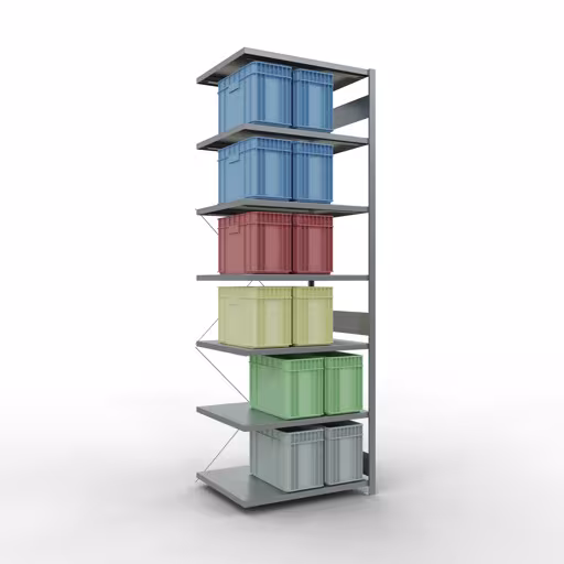 Andere Ansicht des Artikels Anbauregal, Fachbodenregal Stecksystem MULTIplus250, 3000 x 1000 x 800 mm (HxBxT), 7 Fachböden, Kreuzstrebe, verzinkt aus der Kategorie Stecksystem