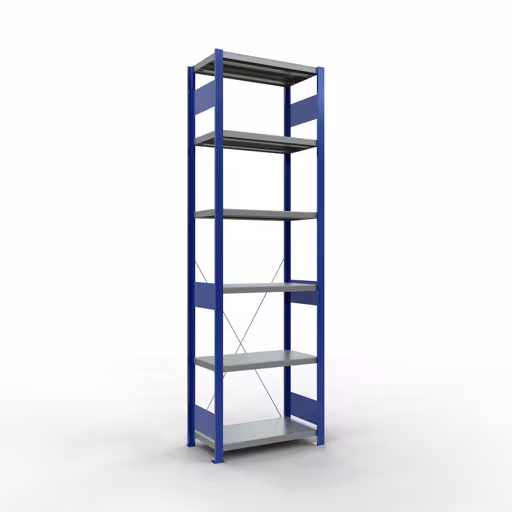 Grundregal, Fachbodenregal Stecksystem MULTIplus250, 2500 x 750 x 400 mm (HxBxT), 6 Fachböden, Kreuzstrebe, RAL 5010 enzianblau/verzinkt/verzinkt aus der Kategorie Grundregal mit der Artikelnummer 12941-75-B