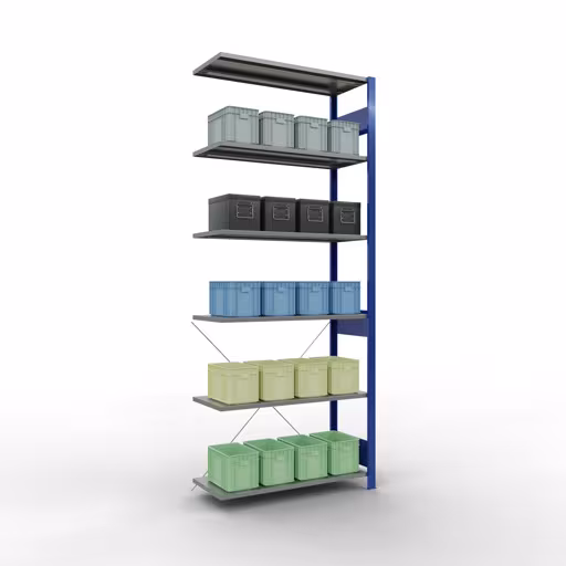 Abbildung Nr 12 des Artikels Anbauregal, Fachbodenregal Stecksystem MULTIplus85, 2500 x 1000 x 400 mm (HxBxT), 6 Fachböden, Kreuzstrebe, RAL 5010 enzianblau aus der Produktgruppe Stecksystem von der Marke Schulte Lagertechnik
