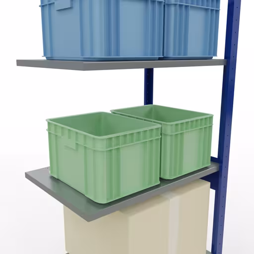 Zusatzbild des Artikels Anbauregal, Fachbodenregal Stecksystem MULTIplus150, 2500 x 750 x 500 mm (HxBxT), 6 Fachböden, Längenriegel, RAL 5010 enzianblau/verzinkt/verzinkt aus Anbauregal
