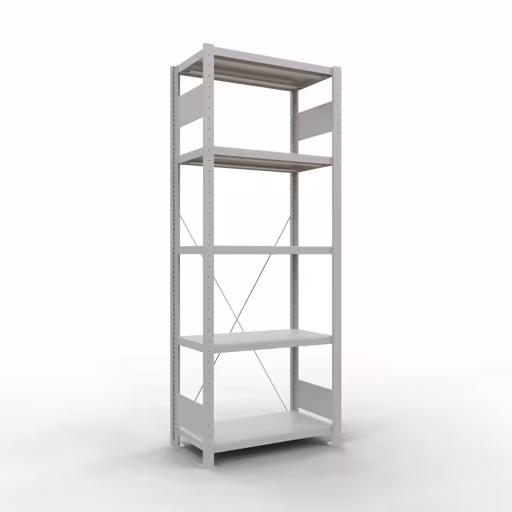 Grundregal, Fachbodenregal Stecksystem MULTIplus250, 2000 x 750 x 400 mm (HxBxT), 5 Fachböden, Kreuzstrebe, RAL 7035 lichtgrau aus der Kategorie Grundregal mit der Artikelnummer 32840-75
