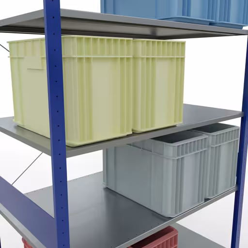 Zusatzbild des Artikels Grundregal, Fachbodenregal Stecksystem MULTIplus150, 3000 x 1300 x 800 mm (HxBxT), 7 Fachböden, Kreuzstrebe, RAL 5010 enzianblau/verzinkt aus Grundregal
