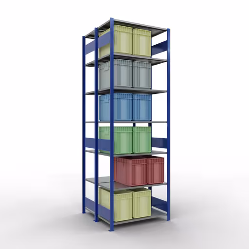 Produktbild Nr.14 des Artikels Grundregal, Doppelregal, Fachbodenregal Stecksystem MULTIplus150, 3000 x 1000 x (2x500) mm (HxBxT), 2x7 Fachböden, Längenriegel, RAL 5010 enzianblau aus der Produktreihe Fachbodenregale von der Marke Schulte Lagertechnik
