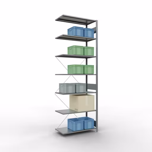Abbildung Nr 14 des Artikels Anbauregal, Fachbodenregal Stecksystem MULTIplus150, 3000 x 1000 x 500 mm (HxBxT), 7 Fachböden, Kreuzstrebe, verzinkt aus der Produktgruppe Stecksystem von der Marke Schulte Lagertechnik