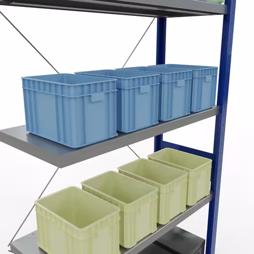 Produktbild Nr.8 des Artikels Anbauregal, Fachbodenregal Stecksystem MULTIplus250, 3000 x 1000 x 400 mm (HxBxT), 7 Fachböden, Kreuzstrebe, RAL 5010 enzianblau/verzinkt aus der Produktreihe Stecksystem von der Marke Schulte Lagertechnik