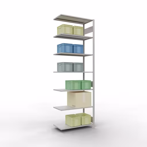 Andere Ansicht des Artikels Anbauregal, Fachbodenregal Stecksystem MULTIplus150, 3000 x 1000 x 500 mm (HxBxT), 7 Fachböden, Längenriegel, RAL 7035 lichtgrau aus der Kategorie Anbauregal