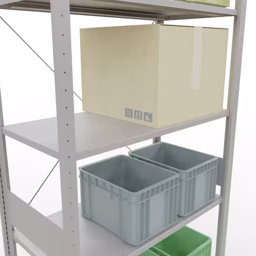 Abbildung Nr 9 des Artikels Grundregal, Fachbodenregal Stecksystem MULTIplus85, 3000 x 1000 x 500 mm (HxBxT), 7 Fachböden, Kreuzstrebe, RAL 7035 lichtgrau aus der Produktgruppe Stecksystem von der Marke Schulte Lagertechnik