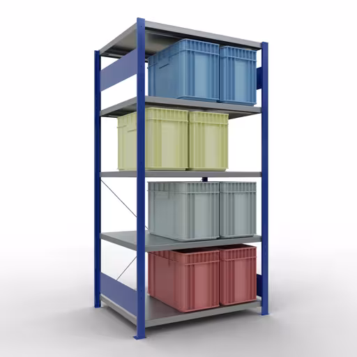 Produktbild Nr.6 des Artikels Grundregal, Fachbodenregal Stecksystem MULTIplus250, 2000 x 1000 x 800 mm (HxBxT), 5 Fachböden, Kreuzstrebe, RAL 5010 enzianblau/verzinkt aus der Produktreihe Stecksystem von der Marke Schulte Lagertechnik