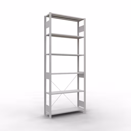 Grundregal, Fachbodenregal Stecksystem MULTIplus150, 2500 x 1000 x 300 mm (HxBxT), 6 Fachböden, Kreuzstrebe, RAL 7035 lichtgrau aus der Kategorie Grundregal mit der Artikelnummer 32631