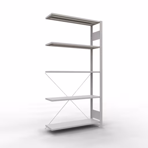 Anbauregal, Fachbodenregal Stecksystem MULTIplus85, 2000 x 1000 x 300 mm (HxBxT), 5 Fachböden, Kreuzstrebe, RAL 7035 lichtgrau aus der Kategorie Anbauregal mit der Artikelnummer 33035