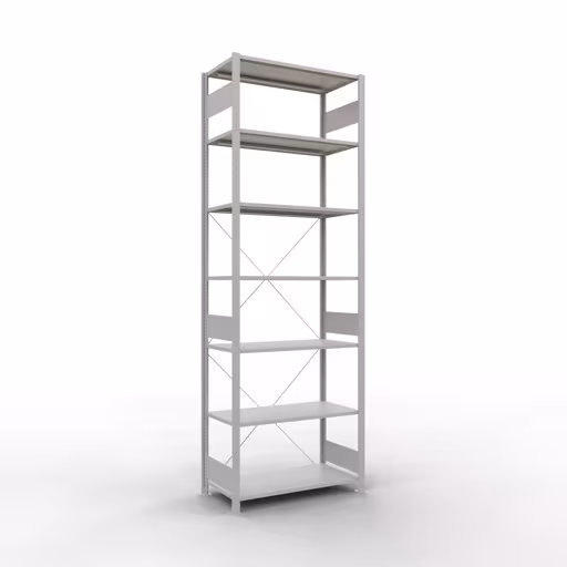 Grundregal, Fachbodenregal Stecksystem MULTIplus85, 3000 x 1000 x 500 mm (HxBxT), 7 Fachböden, Kreuzstrebe, RAL 7035 lichtgrau aus der Kategorie Grundregal mit der Artikelnummer 33052