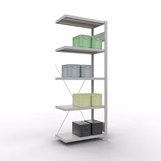 Abbildung Nr 12 des Artikels Anbauregal, Fachbodenregal Stecksystem MULTIplus250, 2000 x 750 x 400 mm (HxBxT), 5 Fachböden, Kreuzstrebe, RAL 7035 lichtgrau aus der Produktgruppe Stecksystem von der Marke Schulte Lagertechnik