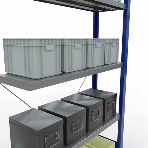 Abbildung Nr 14 des Artikels Anbauregal, Fachbodenregal Stecksystem MULTIplus330, 2000 x 1000 x 300 mm (HxBxT), 5 Fachböden, Kreuzstrebe, RAL 5010 enzianblau/verzinkt aus der Produktgruppe Stecksystem von der Marke Schulte Lagertechnik