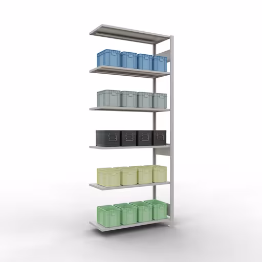 Abbildung Nr 9 des Artikels Anbauregal, Fachbodenregal Stecksystem MULTIplus85, 2500 x 1000 x 400 mm (HxBxT), 6 Fachböden, Längenriegel, RAL 7035 lichtgrau aus der Produktgruppe Stecksystem von der Marke Schulte Lagertechnik