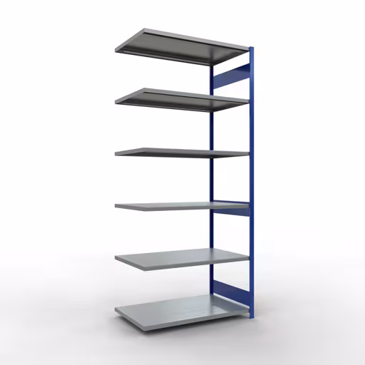 Anbauregal, Fachbodenregal Stecksystem MULTIplus250, 3000 x 1300 x 800 mm (HxBxT), 7 Fachböden, Längenriegel, RAL 5010 enzianblau/verzinkt aus der Kategorie Anbauregal mit der Artikelnummer 12987-130-LR-B