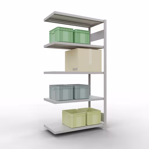 Anbauregal, Fachbodenregal Stecksystem MULTIplus330, 2000 x 1000 x 500 mm (HxBxT), 5 Fachböden, Längenriegel, RAL 7035 lichtgrau von Schulte Lagertechnik mit der Artikelnr. 33855-LR