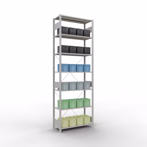 Abbildung Nr 8 des Artikels Grundregal, Fachbodenregal Stecksystem MULTIplus85, 3000 x 1000 x 400 mm (HxBxT), 7 Fachböden, Kreuzstrebe, RAL 7035 lichtgrau aus der Produktgruppe Stecksystem von der Marke Schulte Lagertechnik