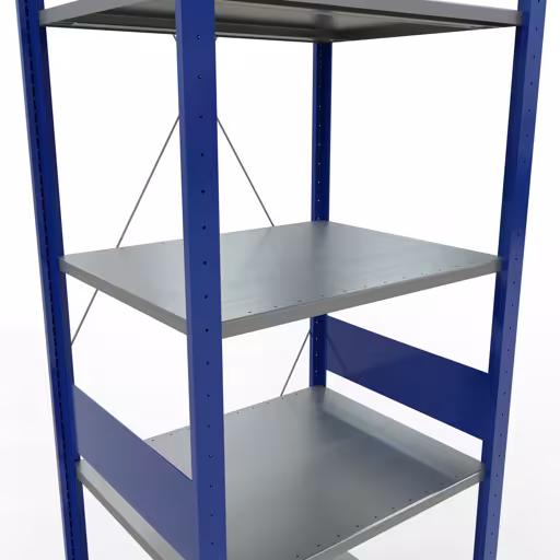 Grundregal, Fachbodenregal Stecksystem MULTIplus150, 3000 x 750 x 600 mm (HxBxT), 7 Fachböden, Kreuzstrebe, RAL 5010 enzianblau/verzinkt/verzinkt von Schulte Lagertechnik mit der Artikelnr. 12762-75-B