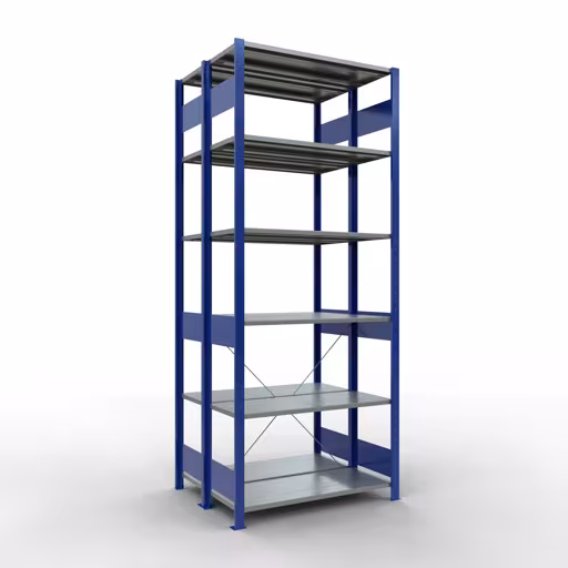 Grundregal, Doppelregal, Fachbodenregal Stecksystem MULTIplus150, 2500 x 1000 x (2x400) mm (HxBxT), 2x6 Fachböden, Kreuzstrebe, RAL 5010 enzianblau aus der Kategorie Doppelregale mit der Artikelnummer 32741-B