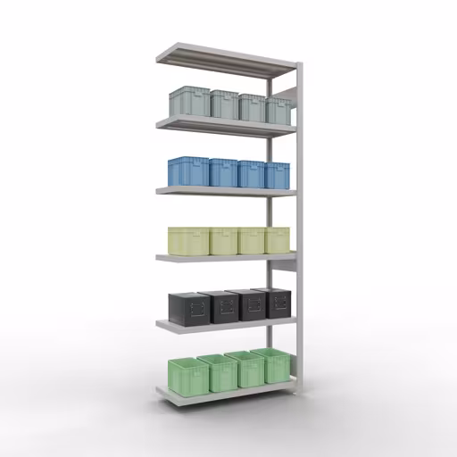 Abbildung Nr 9 des Artikels Anbauregal, Fachbodenregal Stecksystem MULTIplus330, 2500 x 1000 x 400 mm (HxBxT), 6 Fachböden, Längenriegel, RAL 7035 lichtgrau aus der Produktgruppe Stecksystem von der Marke Schulte Lagertechnik