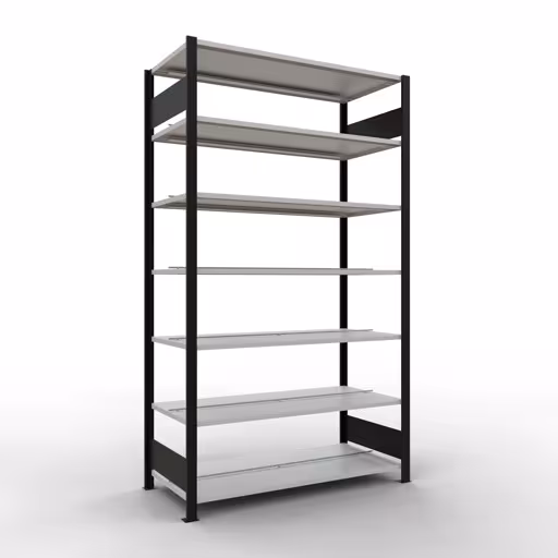 Grundregal, Büro-Fachbodenregal Stecksystem MULTIplus150, 2300 x 1300 x 600 mm (HxBxT), 7 Fachböden, Längenriegel, mit Mittelanschlag, schwarz/lichtgrau von der Marke Schulte Lagertechnik Grundregal, Büro-Fachbodenregal Stecksystem MULTIplus150, 2300 x 1300 x 600 mm (HxBxT), 7 Fachböden, Längenriegel, mit Mittelanschlag, schwarz/lichtgrau aus der Kategorie Stecksystem mit der Artikelnummer 36050-S