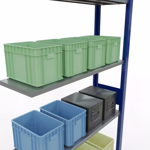 Anbauregal, Fachbodenregal Stecksystem MULTIplus150, 3000 x 1000 x 300 mm (HxBxT), 7 Fachböden, Längenriegel, RAL 5010 enzianblau/verzinkt von Schulte Lagertechnik mit der Artikelnr. 12737-LR-B