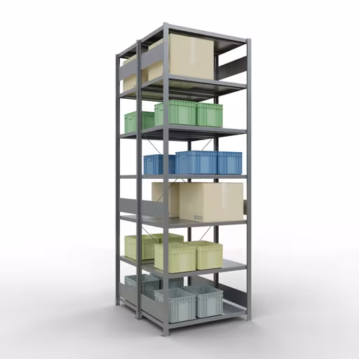 Grundregal, Doppelregal, Fachbodenregal Stecksystem MULTIplus250, 3000 x 1000 x (2x600) mm (HxBxT), 2x7 Fachböden, Kreuzstrebe, verzinkt von Schulte Lagertechnik aus der Kategorie Fachbodenregale