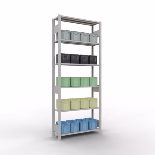 Zusatzbild des Artikels Grundregal, Fachbodenregal Stecksystem MULTIplus150, 2500 x 1000 x 300 mm (HxBxT), 6 Fachböden, Längenriegel, RAL 7035 lichtgrau aus Grundregal