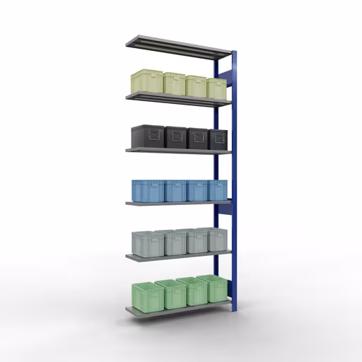 Zusatzbild des Artikels Anbauregal, Fachbodenregal Stecksystem MULTIplus150, 2500 x 1000 x 300 mm (HxBxT), 6 Fachböden, Längenriegel, RAL 5010 enzianblau/verzinkt aus Anbauregal