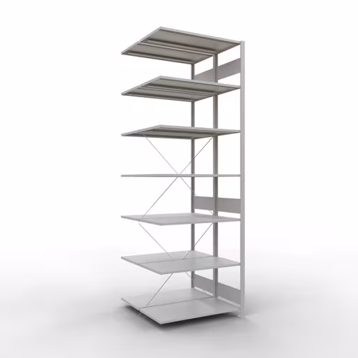 Anbauregal, Doppelregal, Fachbodenregal Stecksystem MULTIplus150, 3000 x 1000 x (2x1000) mm (HxBxT), 2x7 Fachböden, Kreuzstrebe, RAL 7035 lichtgrau aus der Kategorie Doppelregale mit der Artikelnummer 32757