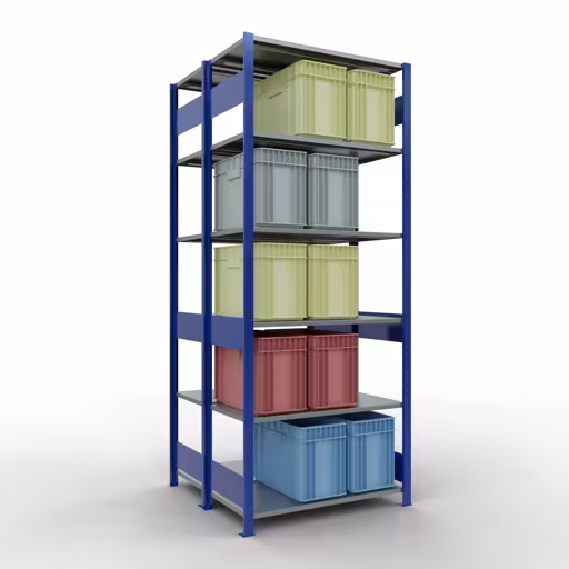 Produktbild Nr.6 des Artikels Grundregal, Doppelregal, Fachbodenregal Stecksystem MULTIplus150, 2500 x 1000 x (2x500) mm (HxBxT), 2x6 Fachböden, Längenriegel, RAL 5010 enzianblau aus der Produktreihe Fachbodenregale von der Marke Schulte Lagertechnik