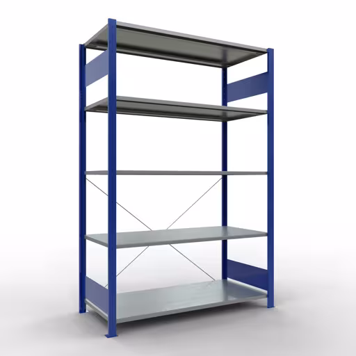 Grundregal, Fachbodenregal Stecksystem MULTIplus150, 2000 x 1300 x 600 mm (HxBxT), 5 Fachböden, Kreuzstrebe, RAL 5010 enzianblau/verzinkt aus der Kategorie Grundregal mit der Artikelnummer 12760-130-B