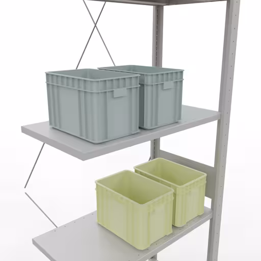 Produktbild Nr.14 des Artikels Anbauregal, Fachbodenregal Stecksystem MULTIplus150, 3000 x 750 x 400 mm (HxBxT), 7 Fachböden, Kreuzstrebe, RAL 7035 lichtgrau aus der Produktreihe Stecksystem von der Marke Schulte Lagertechnik