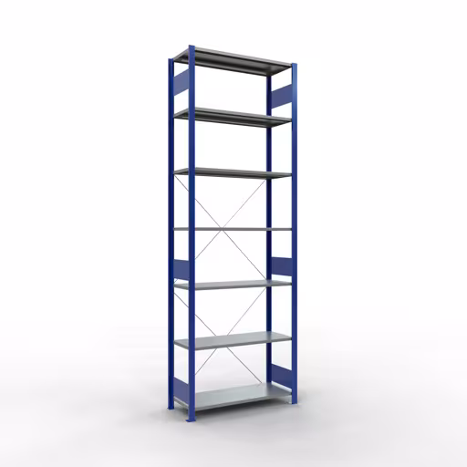 Grundregal, Fachbodenregal Stecksystem MULTIplus85, 3000 x 1000 x 400 mm (HxBxT), 7 Fachböden, Kreuzstrebe, RAL 5010 enzianblau aus der Kategorie Grundregal mit der Artikelnummer 13142-B