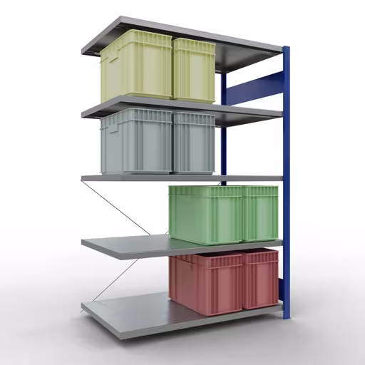 Anbauregal, Fachbodenregal Stecksystem MULTIplus250, 2000 x 1300 x 800 mm (HxBxT), 5 Fachböden, Kreuzstrebe, RAL 5010 enzianblau/verzinkt von Schulte Lagertechnik mit der Artikelnr. 12985-130-B
