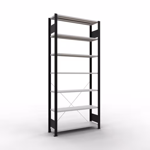 Grundregal, Büro-Fachbodenregal Stecksystem MULTIplus85, 2300 x 1000 x 300 mm (HxBxT), 7 Fachböden, Kreuzstrebe, ohne Anschlagleiste, schwarz/lichtgrau von der Marke Schulte Lagertechnik Grundregal, Büro-Fachbodenregal Stecksystem MULTIplus85, 2300 x 1000 x 300 mm (HxBxT), 7 Fachböden, Kreuzstrebe, ohne Anschlagleiste, schwarz/lichtgrau aus der Kategorie Stecksystem mit der Artikelnummer 36031-S