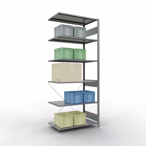 Produktbild Nr 13 des Artikels Anbauregal, Fachbodenregal Stecksystem MULTIplus85, 2500 x 1000 x 600 mm (HxBxT), 6 Fachböden, Kreuzstrebe, verzinkt Abbildung Nr 13 des Artikels Anbauregal, Fachbodenregal Stecksystem MULTIplus85, 2500 x 1000 x 600 mm (HxBxT), 6 Fachböden, Kreuzstrebe, verzinkt aus der Produktgruppe Stecksystem von der Marke Schulte Lagertechnik