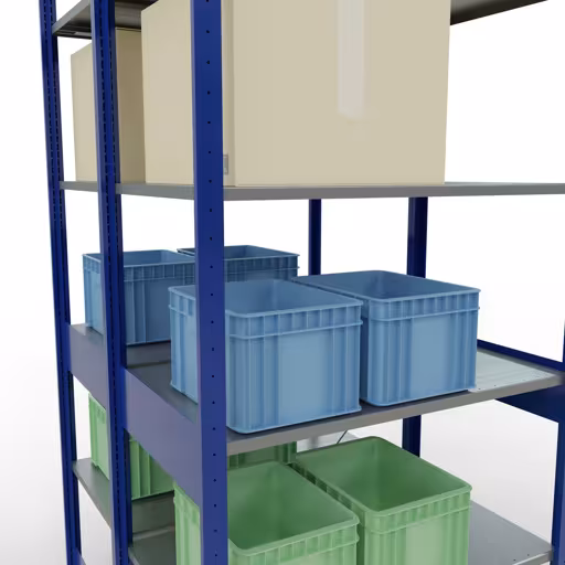 Andere Ansicht des Artikels Grundregal, Doppelregal, Fachbodenregal Stecksystem MULTIplus150, 2500 x 1000 x (2x600) mm (HxBxT), 2x6 Fachböden, Kreuzstrebe, RAL 5010 enzianblau aus der Kategorie Fachbodenregale