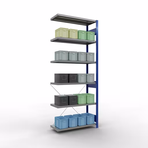 Produktbild Nr.6 des Artikels Anbauregal, Fachbodenregal Stecksystem MULTIplus250, 2500 x 1000 x 400 mm (HxBxT), 6 Fachböden, Kreuzstrebe, RAL 5010 enzianblau/verzinkt aus der Produktreihe Stecksystem von der Marke Schulte Lagertechnik