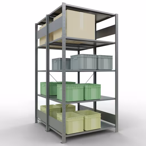 Grundregal, Doppelregal, Fachbodenregal Stecksystem MULTIplus150, 2000 x 1000 x (2x600) mm (HxBxT), 2x5 Fachböden, Kreuzstrebe, verzinkt aus der Kategorie Doppelregale mit der GTIN 4004514254887 Grundregal, Doppelregal, Fachbodenregal Stecksystem MULTIplus150, 2000 x 1000 x (2x600) mm (HxBxT), 2x5 Fachböden, Kreuzstrebe, verzinkt von der Marke Schulte Lagertechnik aus der Produktreihe Fachbodenregale