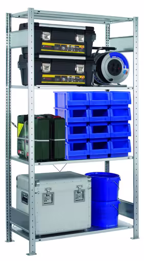 Grundregal, Fachbodenregal Stecksystem MULTIplus150-Set, 2000 x 1000 x 500 mm (HxBxT), 4 Fachböden, Kreuzstrebe, verzinkt aus der Kategorie Grundregal mit der Artikelnummer 12750-4
