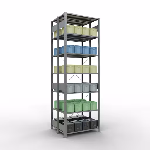 Abbildung Nr 13 des Artikels Grundregal, Doppelregal, Fachbodenregal Stecksystem MULTIplus150, 3000 x 1000 x (2x800) mm (HxBxT), 2x7 Fachböden, Kreuzstrebe, verzinkt aus der Produktgruppe Fachbodenregale von der Marke Schulte Lagertechnik