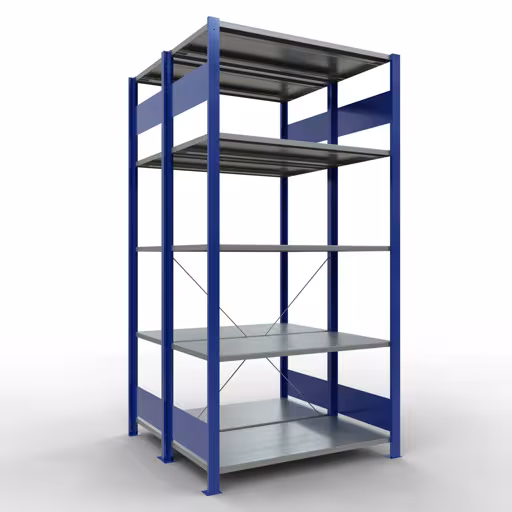 Grundregal, Doppelregal, Fachbodenregal Stecksystem MULTIplus150, 2000 x 1000 x (2x500) mm (HxBxT), 2x5 Fachböden, Kreuzstrebe, RAL 5010 enzianblau aus der Kategorie Doppelregale mit der Artikelnummer 32750-B
