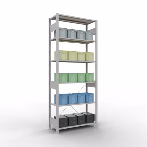 Produktbild Nr 15 des Artikels Grundregal, Fachbodenregal Stecksystem MULTIplus150, 2500 x 1000 x 400 mm (HxBxT), 6 Fachböden, Kreuzstrebe, RAL 7035 lichtgrau Abbildung Nr 15 des Artikels Grundregal, Fachbodenregal Stecksystem MULTIplus150, 2500 x 1000 x 400 mm (HxBxT), 6 Fachböden, Kreuzstrebe, RAL 7035 lichtgrau aus der Produktgruppe Stecksystem von der Marke Schulte Lagertechnik