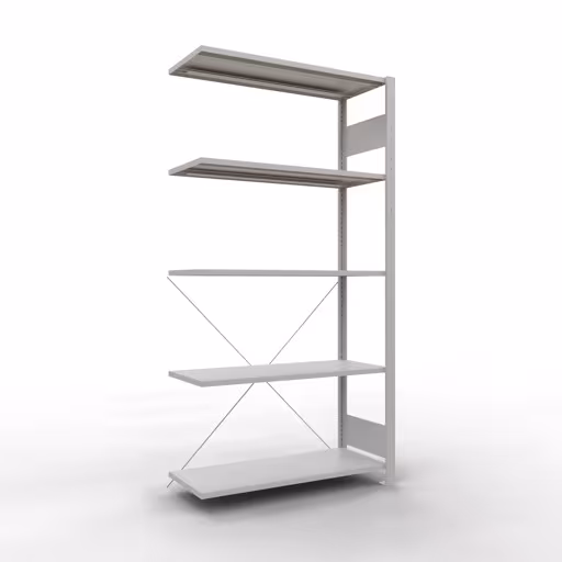 Anbauregal, Fachbodenregal Stecksystem MULTIplus150, 2000 x 1000 x 400 mm (HxBxT), 5 Fachböden, Kreuzstrebe, RAL 7035 lichtgrau aus der Kategorie Anbauregal mit der Artikelnummer 32645